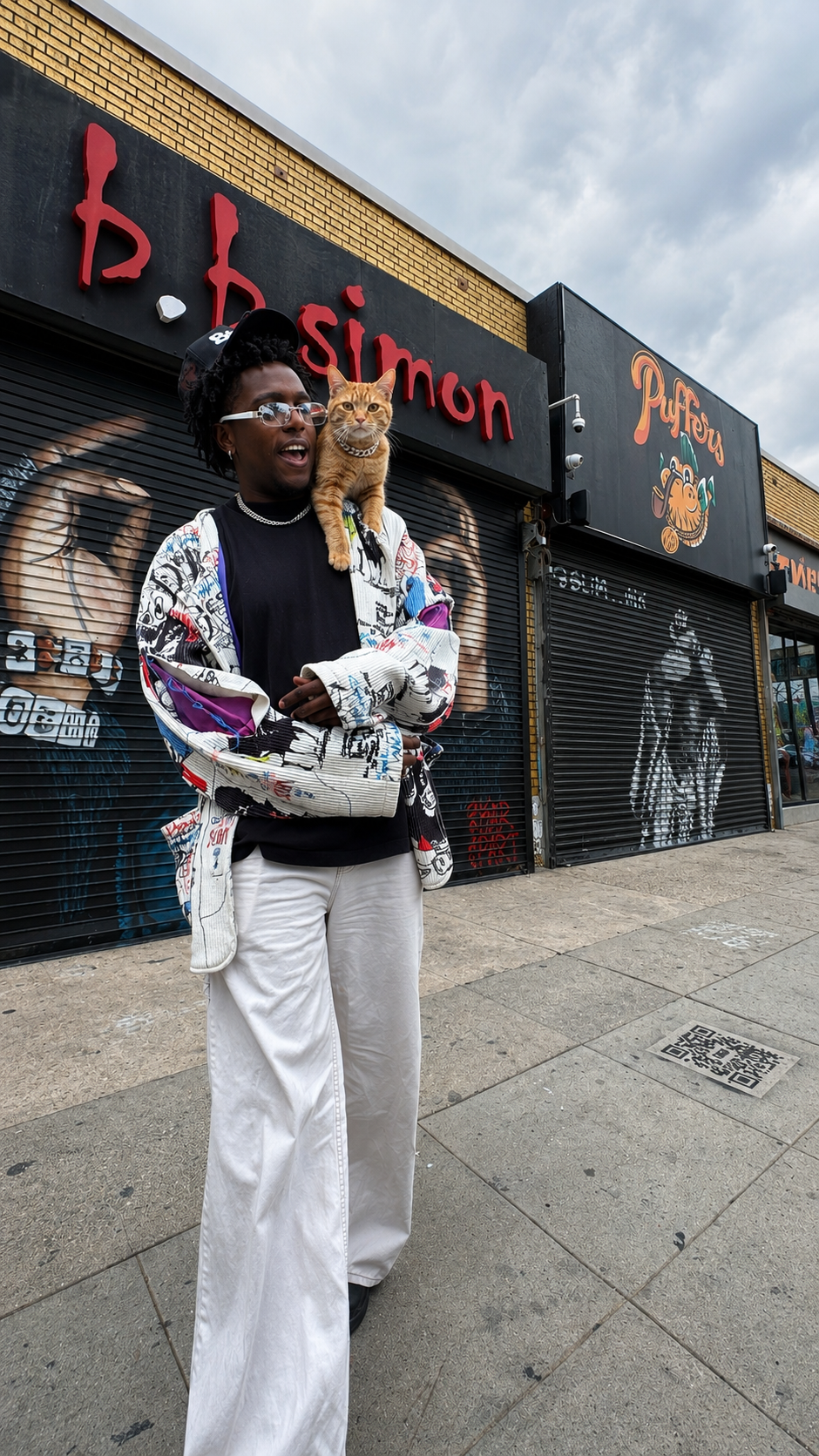 Kanjo &ldquo;Mr. Righteous&rdquo; holding a cat on a city street, showing personality, style, and good energy.
